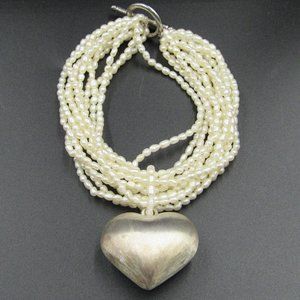 7.5" Sterling Strings Of Pearls Heart Bracelet